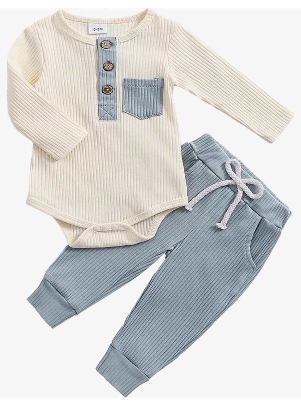 Cream Ribbed Henley Bodysuit & Blue Ribbed Jogger Set — Baby Two-Piece